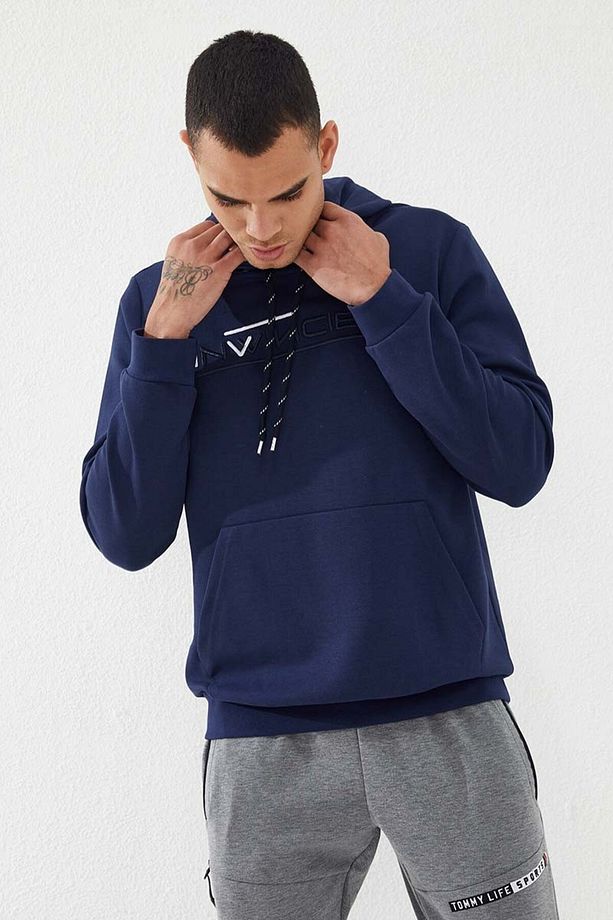 İndigo Kanguru Cep Standart Kalıp Kapüşonlu Erkek Sweatshirt - 87883 - 7