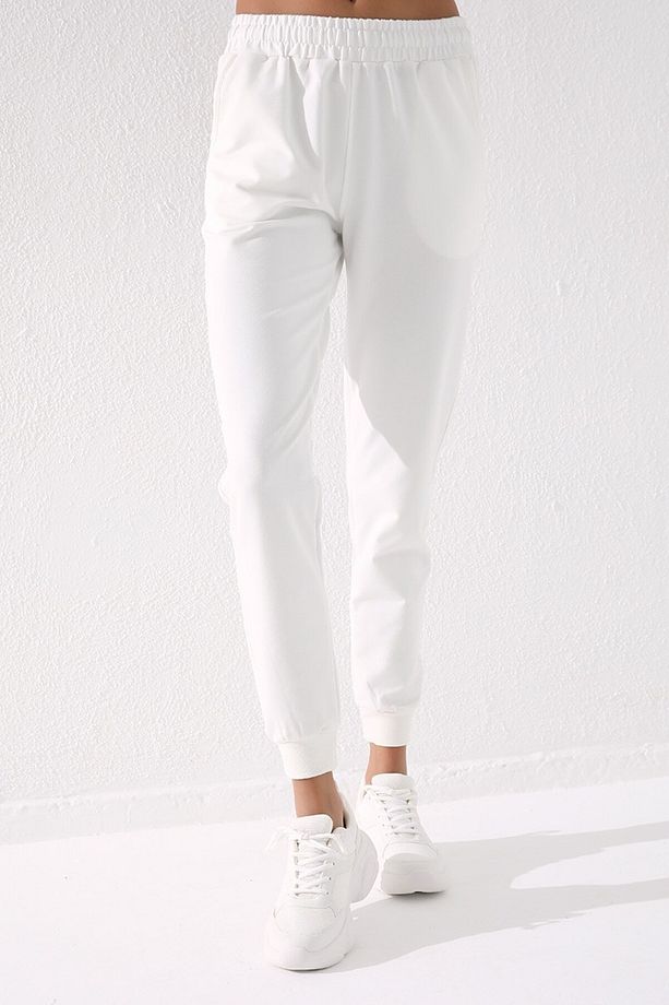 Ekru Yüksek Bel Jogger Rahat Form Manşetli Kadın Eşofman Alt - 94561 - 2