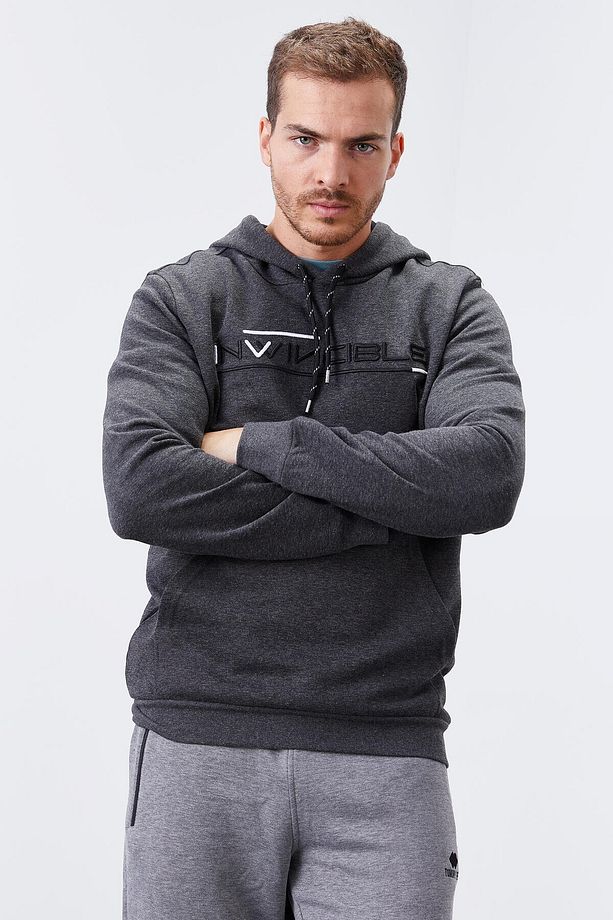 Antrasit Melanj Kanguru Cep Standart Kalıp Kapüşonlu Erkek Sweatshirt - 87883 - 5