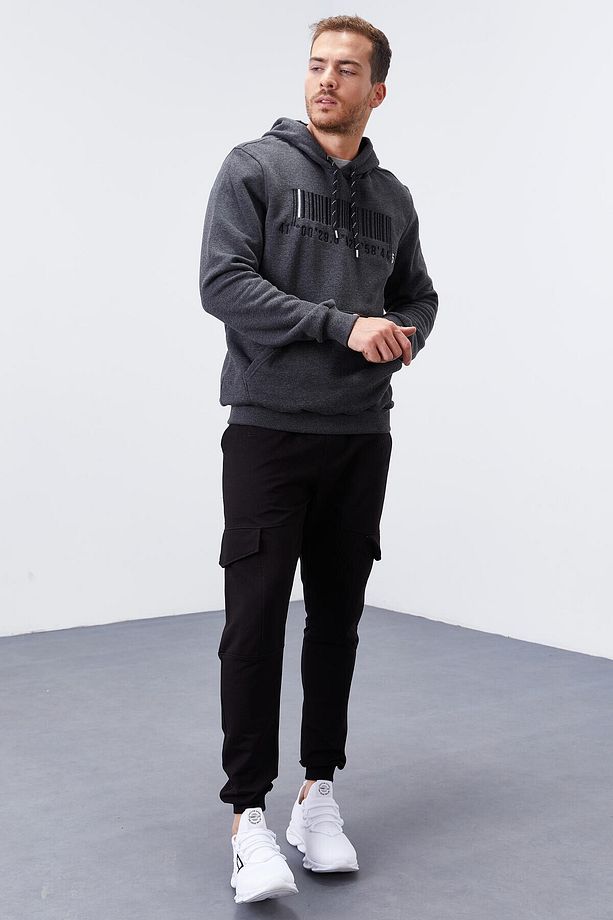 Antrasit Melanj Nakışlı Kanguru Cep Standart Kalıp Kapüşonlu Erkek Sweatshirt - 87839 - 7