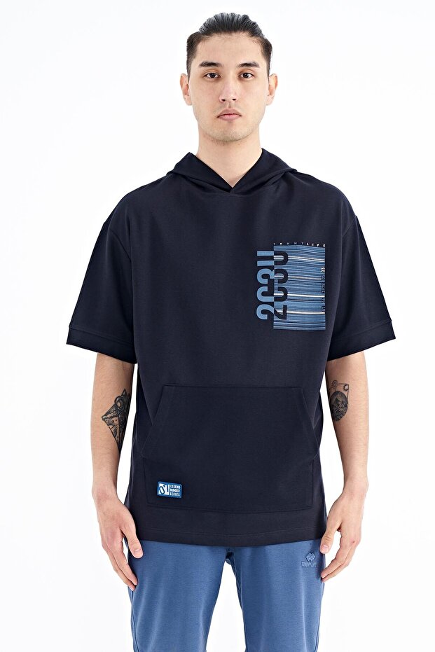 Navy Blue Hooded Printed Kangaroo Pocket Oversize Men's T-shirt - 88196