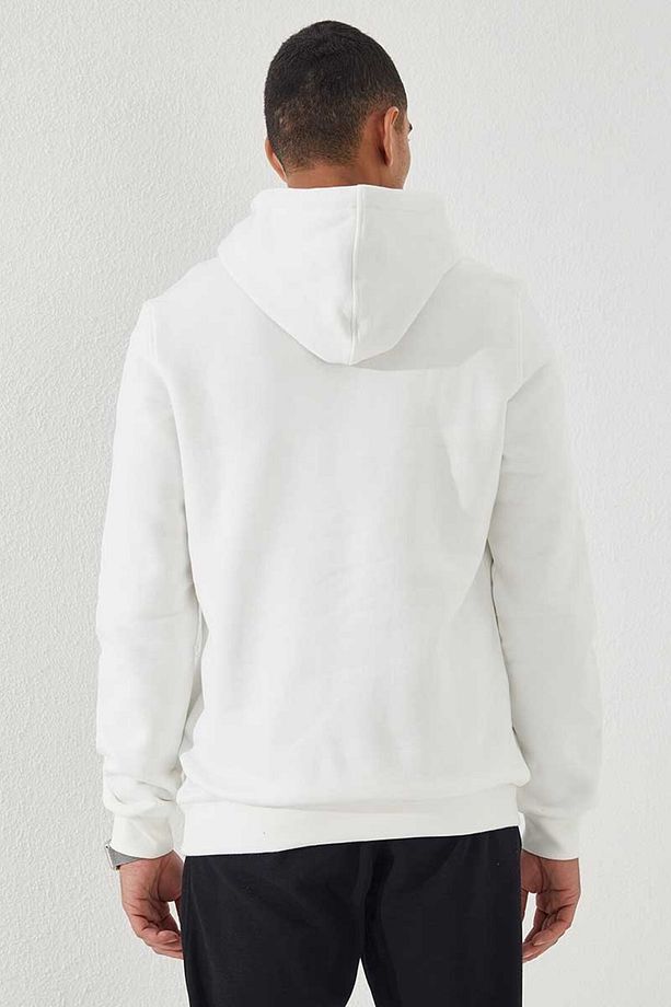 Ekru Nakışlı Kanguru Cep Standart Kalıp Kapüşonlu Erkek Sweatshirt - 87839 - 5