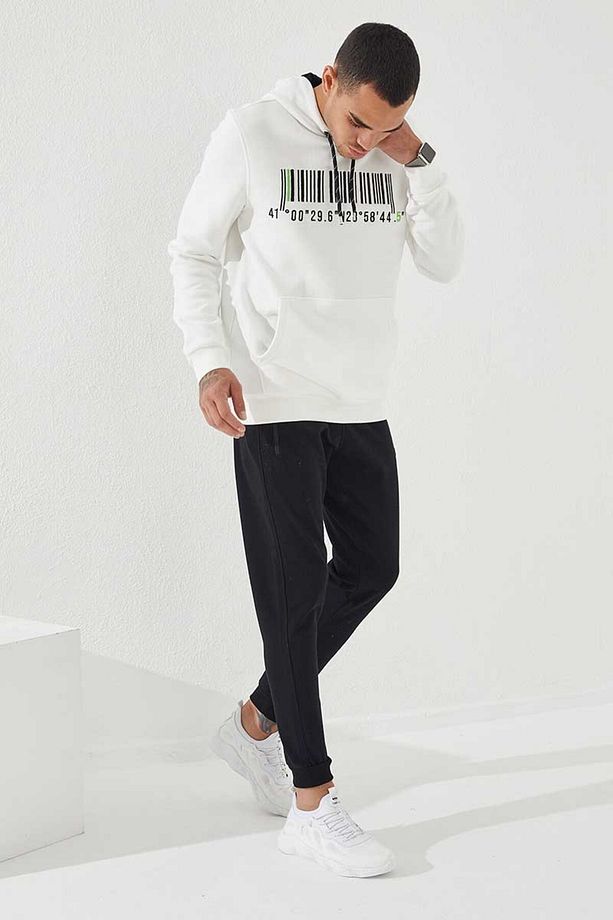 Ekru Nakışlı Kanguru Cep Standart Kalıp Kapüşonlu Erkek Sweatshirt - 87839 - 4