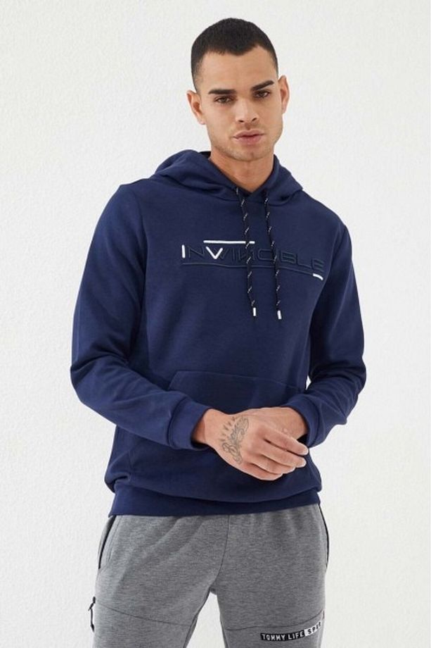 İndigo Kanguru Cep Standart Kalıp Kapüşonlu Erkek Sweatshirt - 87883 - 8
