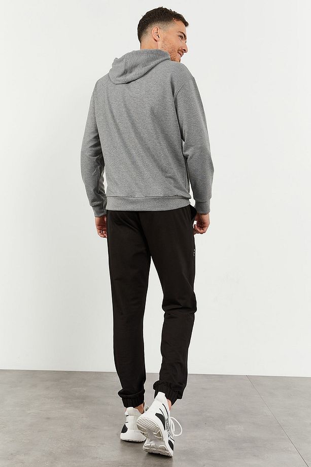Gri Melanj - Siyah Kapüşonlu Kanguru Cep Lastik Paça Erkek Oversize Eşofman Takımı - 85117 - 7