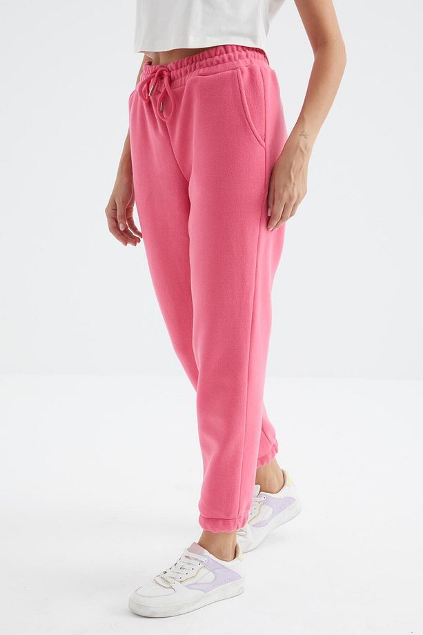 Şeker Pembe Yüksek Bel Basic Bağcıklı Jogger Polar Kadın Eşofman Alt - 94622 - 3