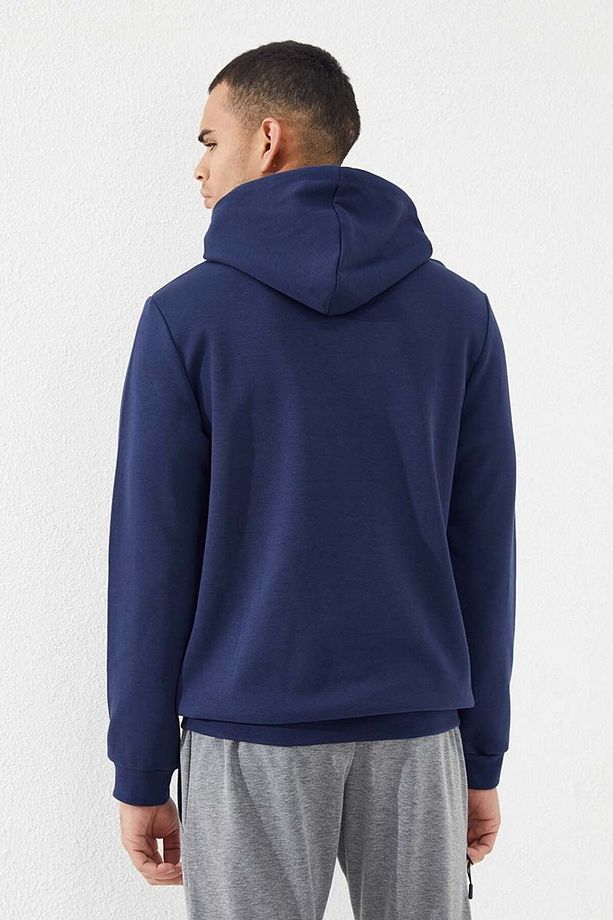 İndigo Kanguru Cep Standart Kalıp Kapüşonlu Erkek Sweatshirt - 87883 - 5