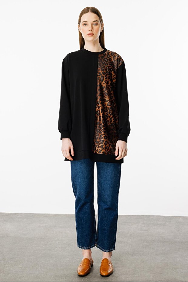Leopar İnce Örme Basen Örten Kap Tunik-Siyah - 4