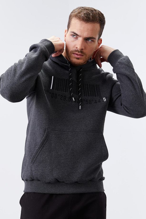 Antrasit Melanj Nakışlı Kanguru Cep Standart Kalıp Kapüşonlu Erkek Sweatshirt - 87839 - 4