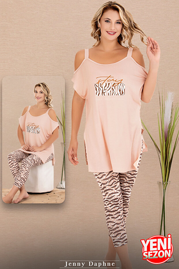 Viscose Zebra Print Capris Suspenders Shoulder Detail Short Sleeve Comfortable Cut Capris Pajamas Set 12076