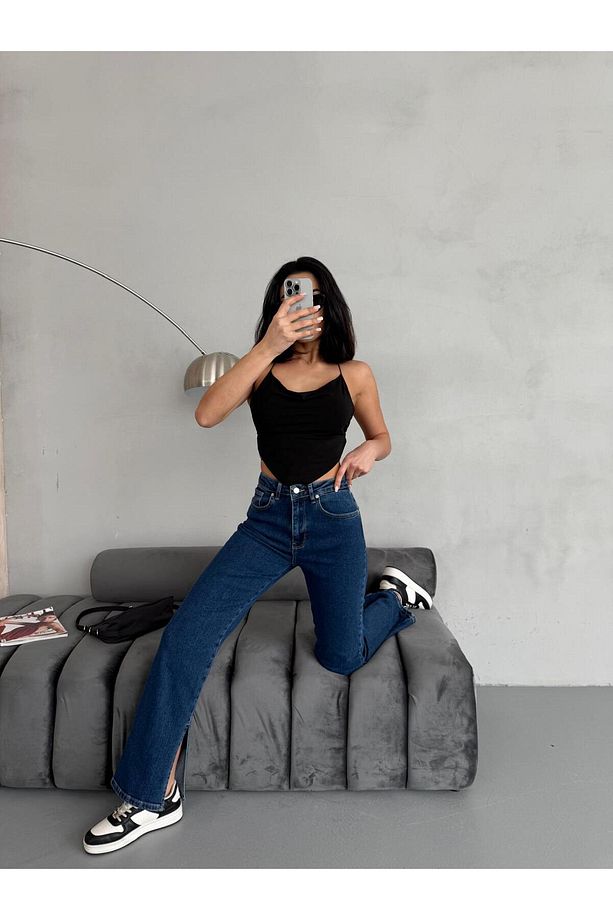 YIRTMAÇ DETAYLI BORU PAÇA DARK BLUE LYCRA JEAN - 1