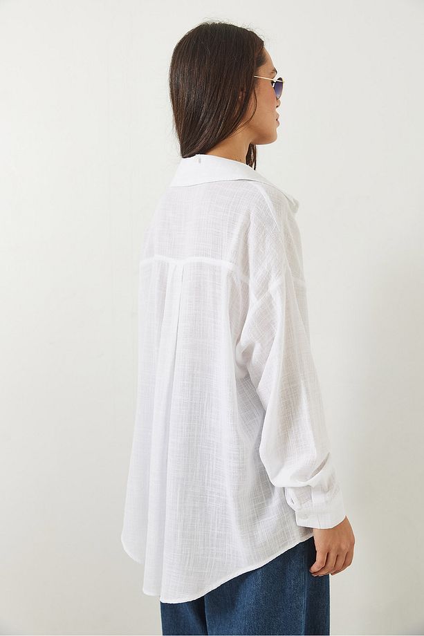 Kadın Tek Cepli Pamuk Viskon Oversize Basic Gömlek 4756 60261396 - 7