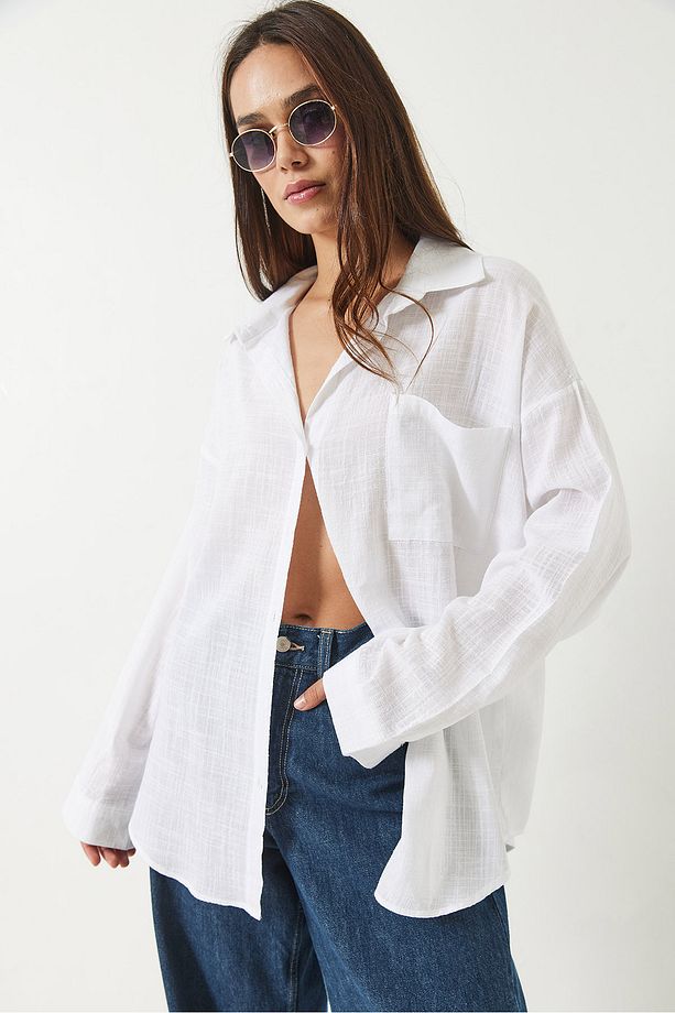 Kadın Tek Cepli Pamuk Viskon Oversize Basic Gömlek 4756 60261396 - 3