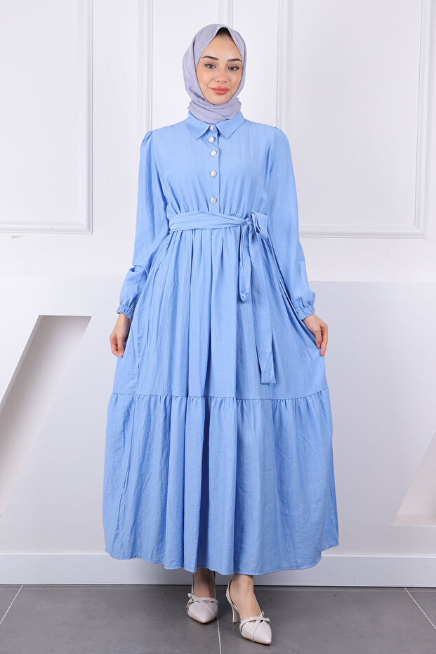 Baby Blue Elastic Waist Belted Modal Dress