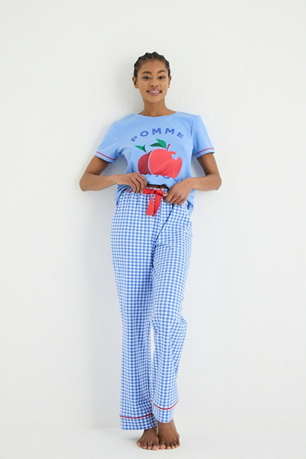 طقم بيجامة منقوشة من القماش القطني - 1