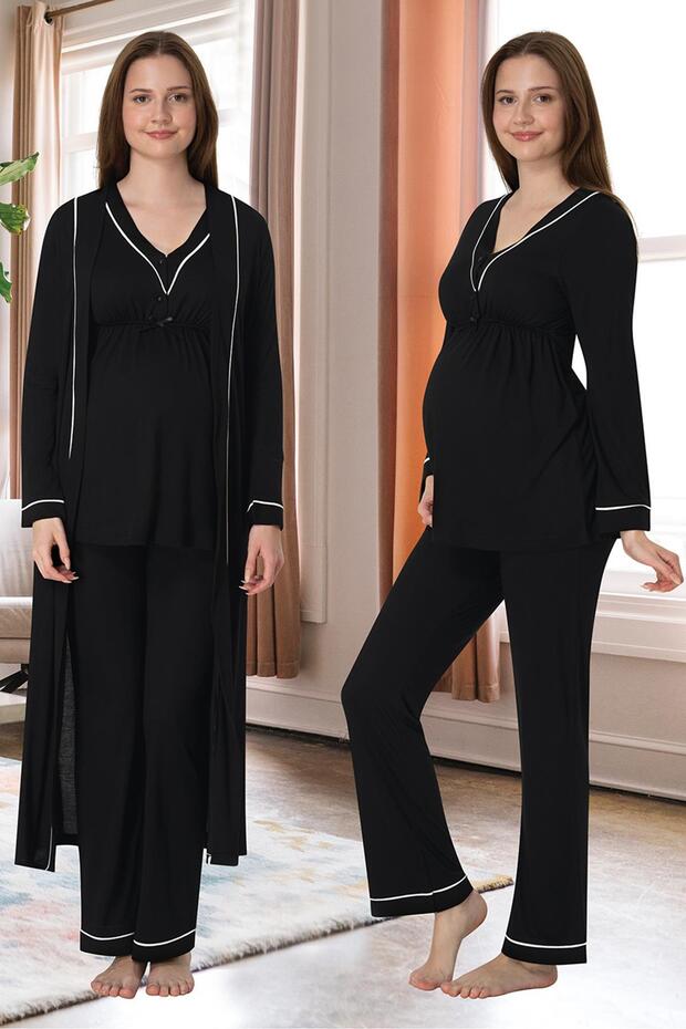 Piping Detailed Maternity Pajamas and Dressing Gown Set
