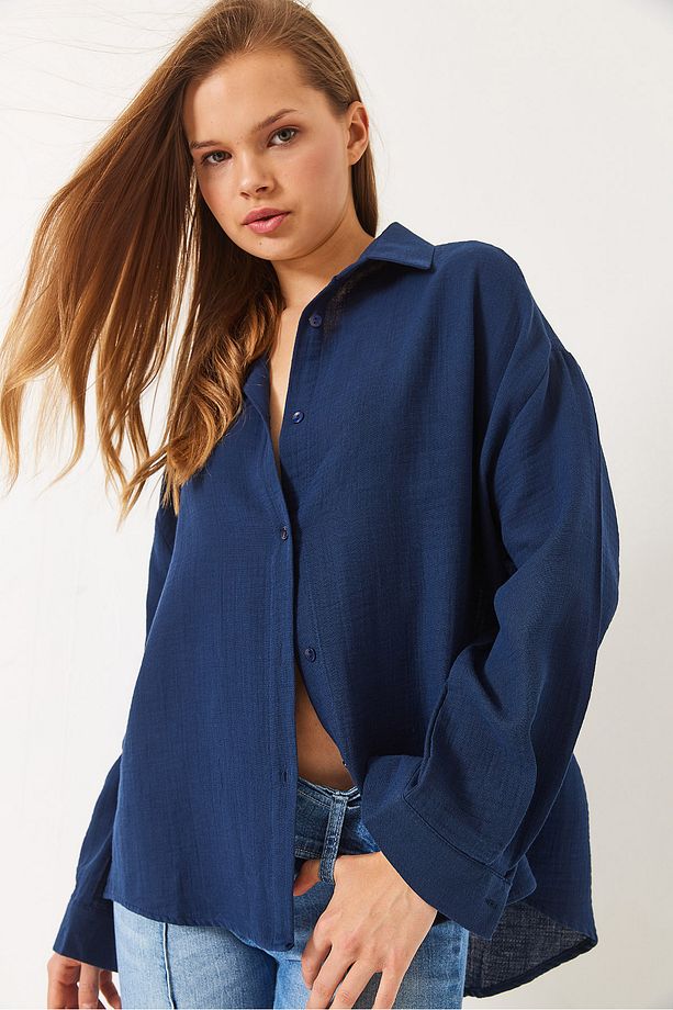 Kadın Oversize Uzun Kollu Müslin Basic Gömlek 34363 60282004 - 3