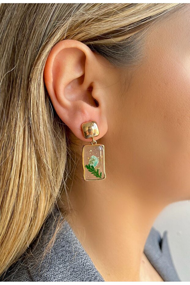 Dry Green Flower Plate Earrings