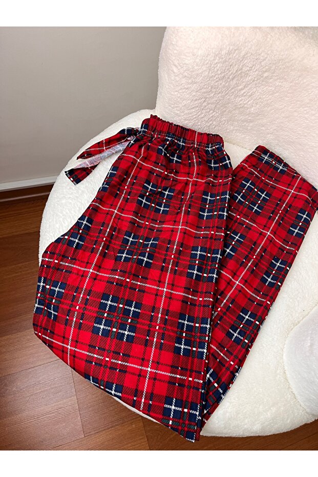 Red Checked Plaid Patterned Women's Pajama Bottoms - Ribbon, Cotton