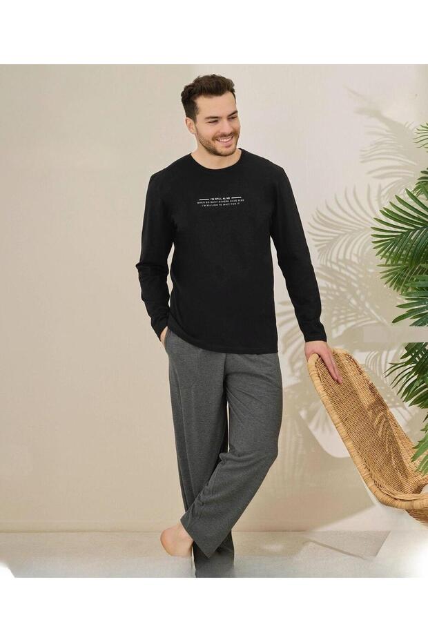 Erkek Pamuklu Bisiklet Yaka Uzun Kol Ince Pijama Takımı 6150/20 - 1 Adet - 1