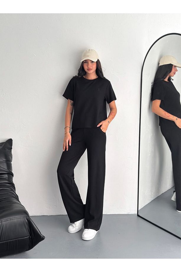 Kadın Modal Kumaş Bisiklet Yaka Tshirt Eşofman Takımı - 3
