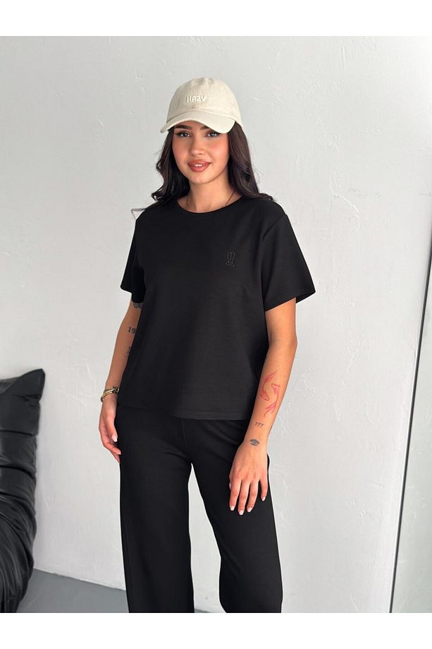 Kadın Modal Kumaş Bisiklet Yaka Tshirt Eşofman Takımı - 5