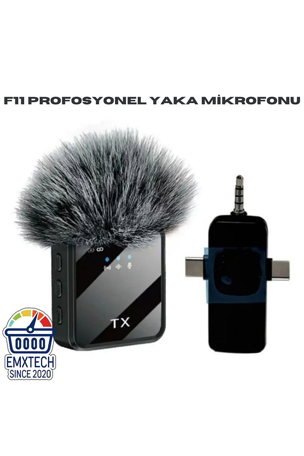 F11 Profesyonel Kablosuz Yaka Mikrofonu 3in1 Mikrofon Type-C/Lighthing/Jack Girişli - 1