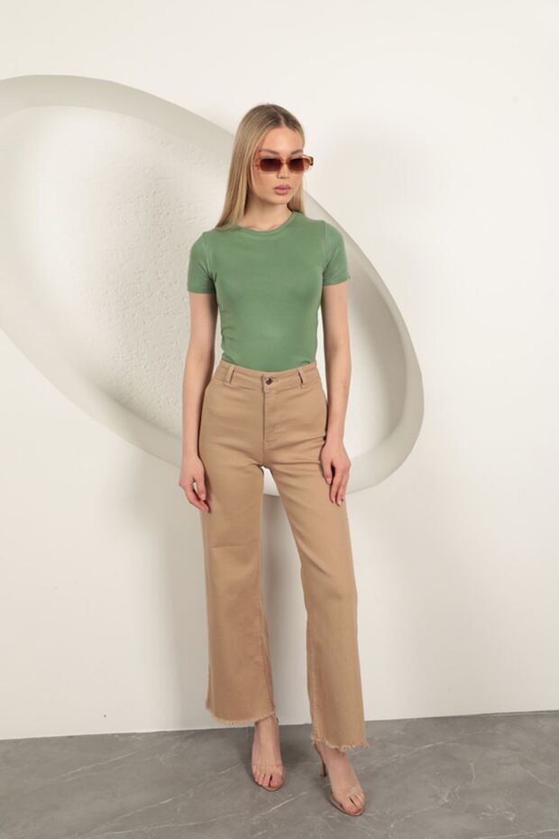 Strawberry Viscose Fabric Basic T-Shirt-Khaki - 2