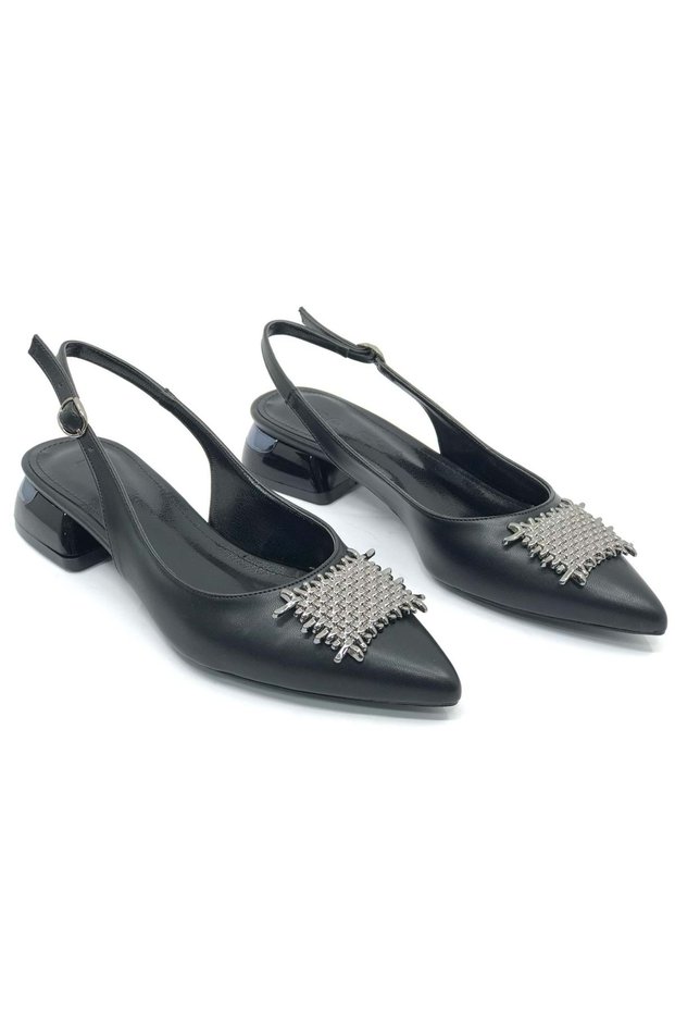 Feles Buckle Detailed Short Heeled Open Back Women's Ballerina Shoes Black
