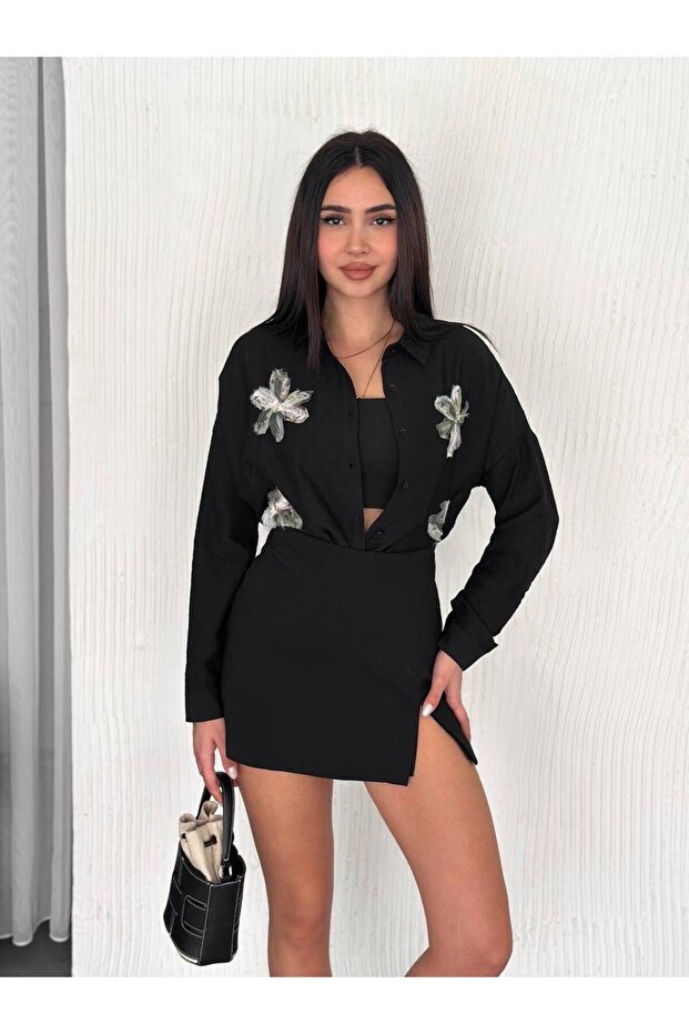 قميص قطن مطرز بنقشة زهور مطرز بالزهور - 3