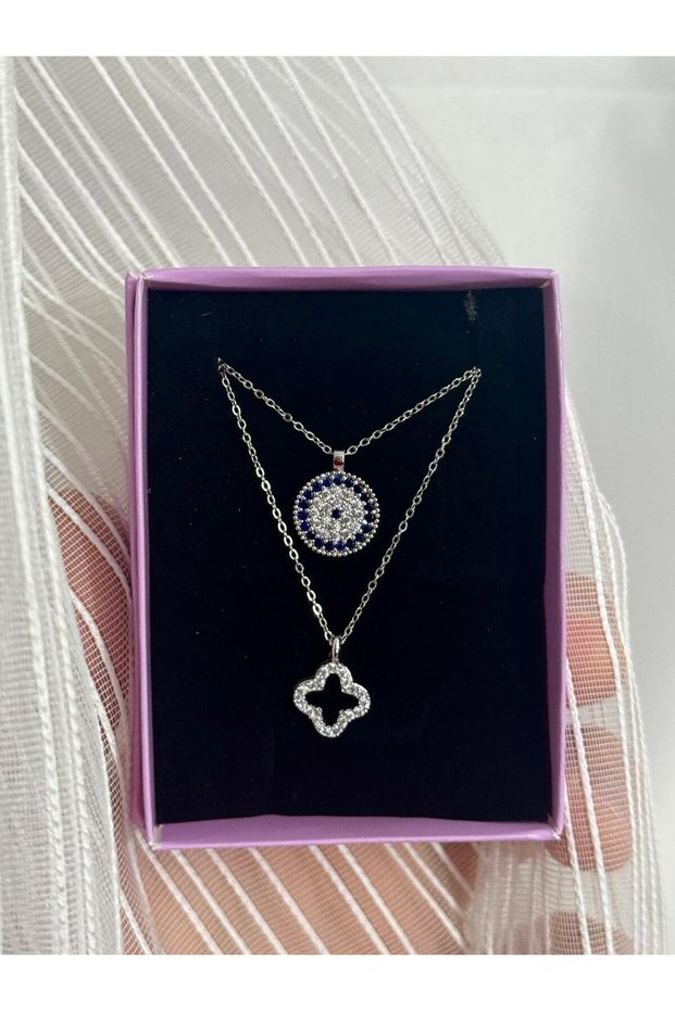 Tarnish Stainless Steel Two Pieces of Stainless Steel Necklace with Evil Eye Figure and Clover Figure in Silver