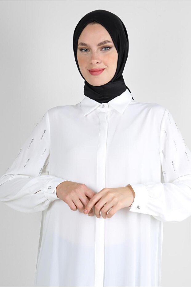 TAŞ BASKILI ASİMETRİK KESİM GÖMLEK TUNİK 43505 - 2