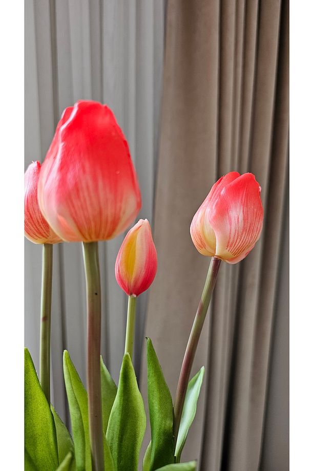 Yapay Çiçek Lale Demet Islak Dokulu Kaliteli Mercan Rengi 45 Cm. 7 Dallı. ( 4 Çiçek 3 Tomurcuk) - 5