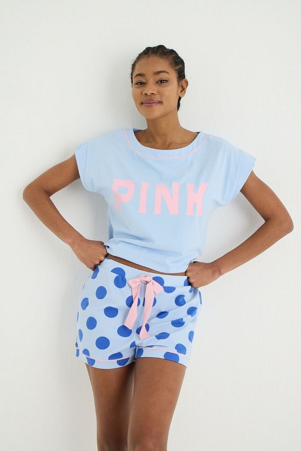 Puantiye Detaylı Baskılı Şort Pijama Takımı - 3