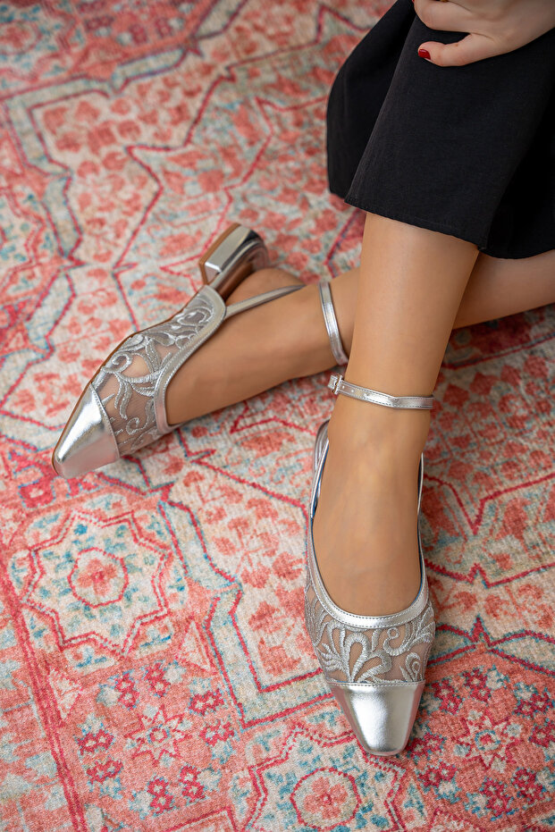 Dendy Silver Embroidered Buckle Women's Ballerinas