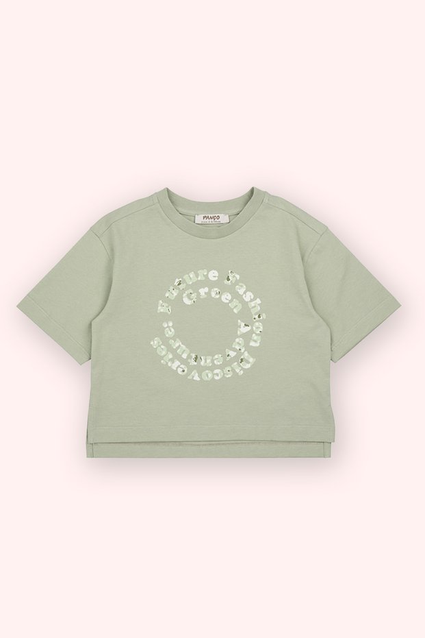 Baby Girl Short Sleeve Printed Khaki T-Shirt with Slit Detail