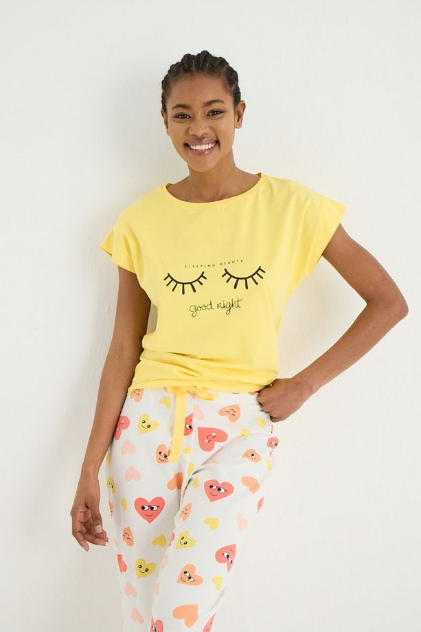 Kalp Desenli Paça Lastikli Baskılı Pijama Takımı - 4