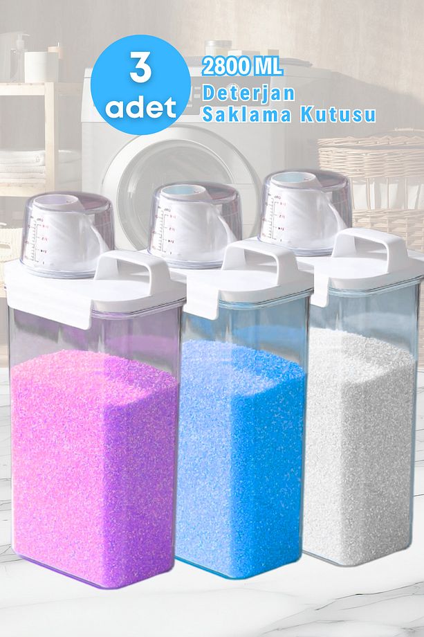 3 Adet Sızdırmaz Depolama Sıvı Toz Deterjan Erzak Saklama Kutusu- Ölçekli Deterjan Kutusu 2800 ml - 1