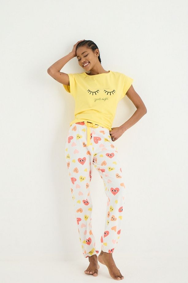 Kalp Desenli Paça Lastikli Baskılı Pijama Takımı - 5