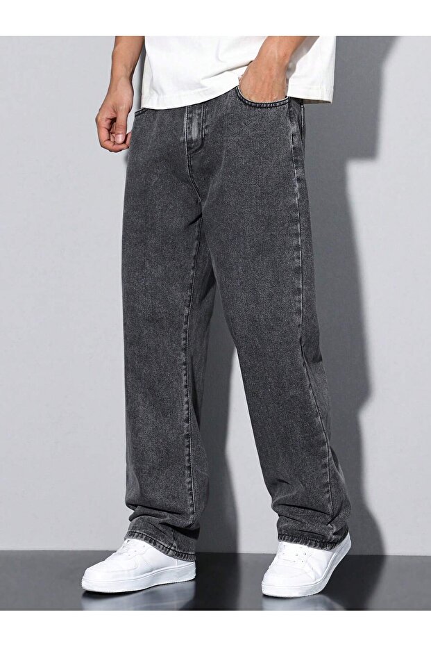 Erkek Baggy Fit Asit Yıkama Jean Kot Pantolon - 3
