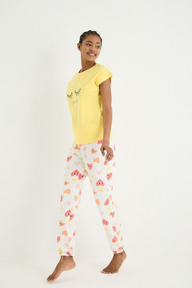 Kalp Desenli Paça Lastikli Baskılı Pijama Takımı - 3