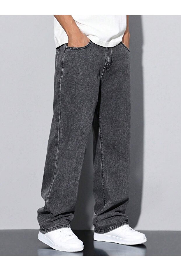 Erkek Baggy Fit Asit Yıkama Jean Kot Pantolon - 1
