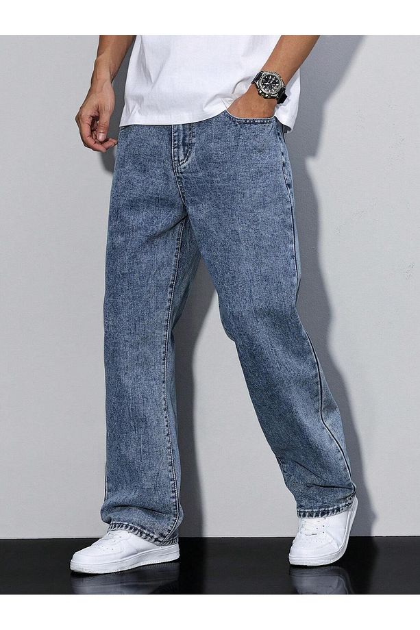 Erkek Baggy Fit Asit Yıkama Jean Kot Pantolon - 4