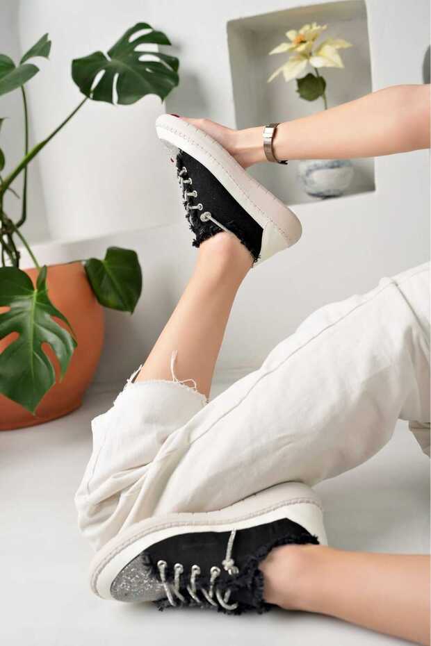 Alaçati Tasseled Stone Lace Sports Shoes - Black