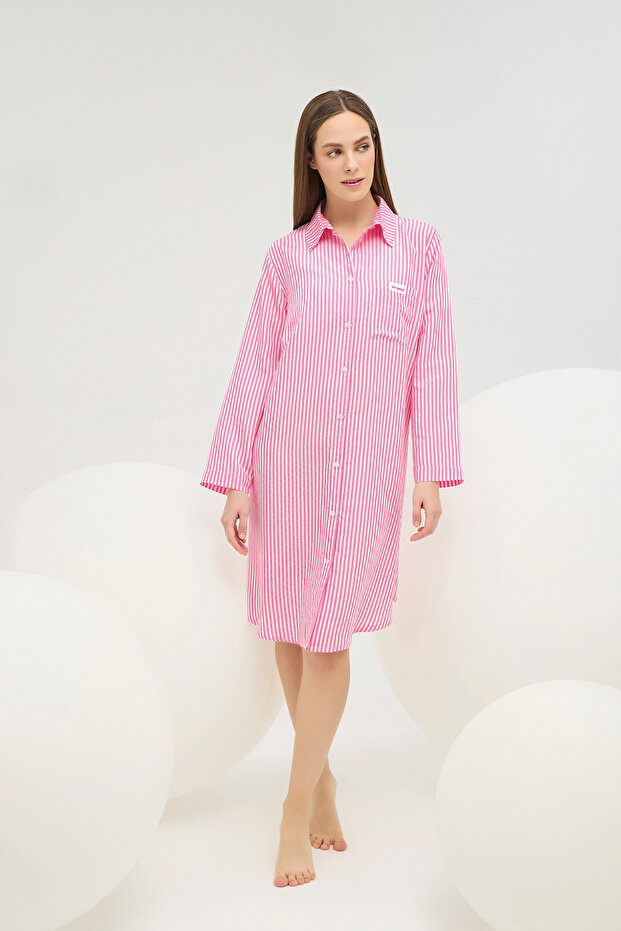 16726 KADIN DÜĞMELİ GÖMLEK YAKA GECELİK - 1