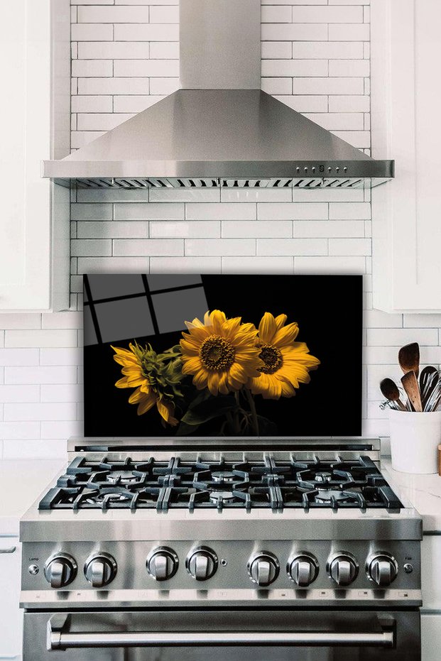 Yellow Sunflowersglass Stove Back Protector, Heat Resistant, Countertop Built-In and Kitchen Protection
