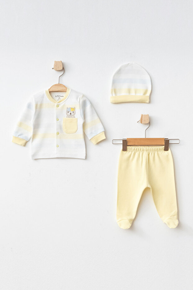 Baby Boy Bear Embroidered Bodysuit Pants Beanie 3-Piece Bottom Top Baby Set 0Month-6Month