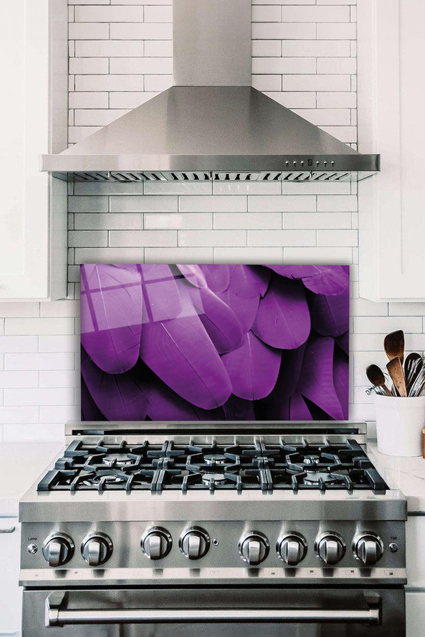 Purple Bird Feathers Glass Stove Back Protector, Heat Resistant, Countertop Built-In and Kitchen Protection