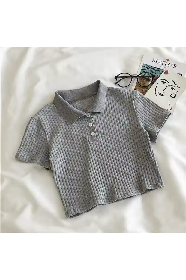 Polo Neck Buttoned Knitwear Women's T-Shirt