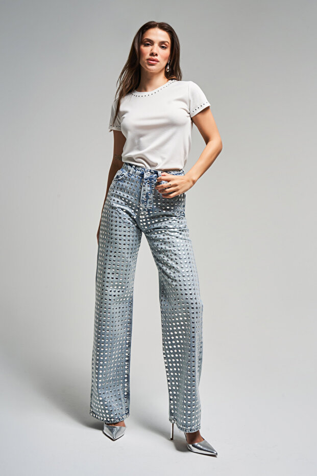 Women's Denim Color T-S45-80 Straight Fit High Waist Design Denim Jeans with Shiny Stones